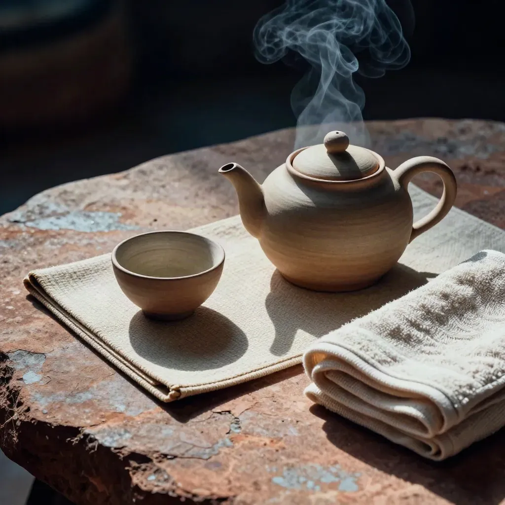Buhar tüten çay servisi, meditasyon matı ve keten havlu ile taş yüzeyde retreat düzlemi.
